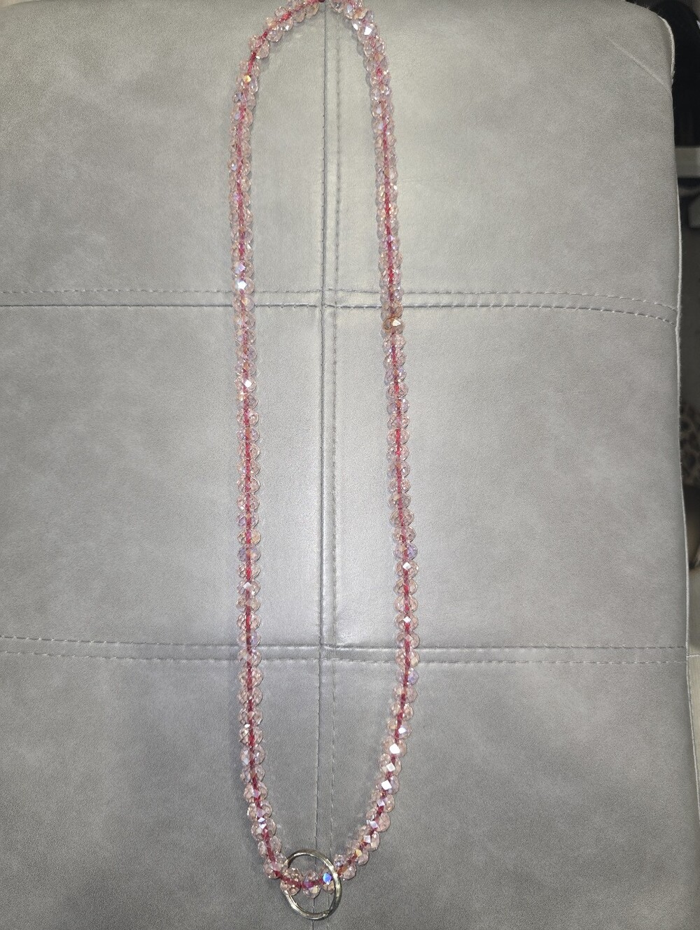 Pink Crystal Shiny Beaded Necklace with Interlocking Rings Badge Holder
